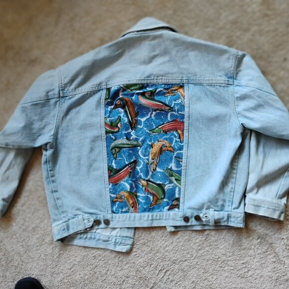 CALVIN KLEIN DENIM WOMAN'S JACKET. Size S. Used & Embellished with Fish Fabric. - Picture 1 of 5